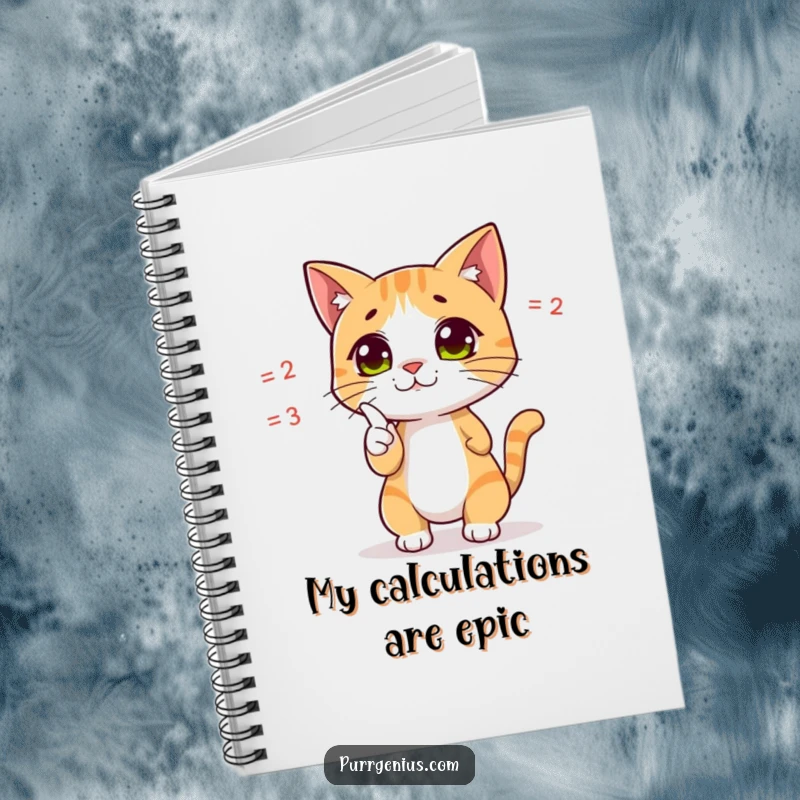 Funny notebook with a cute cat character pointing at a complex equation, designed for math notes, problem-solving, and journaling.