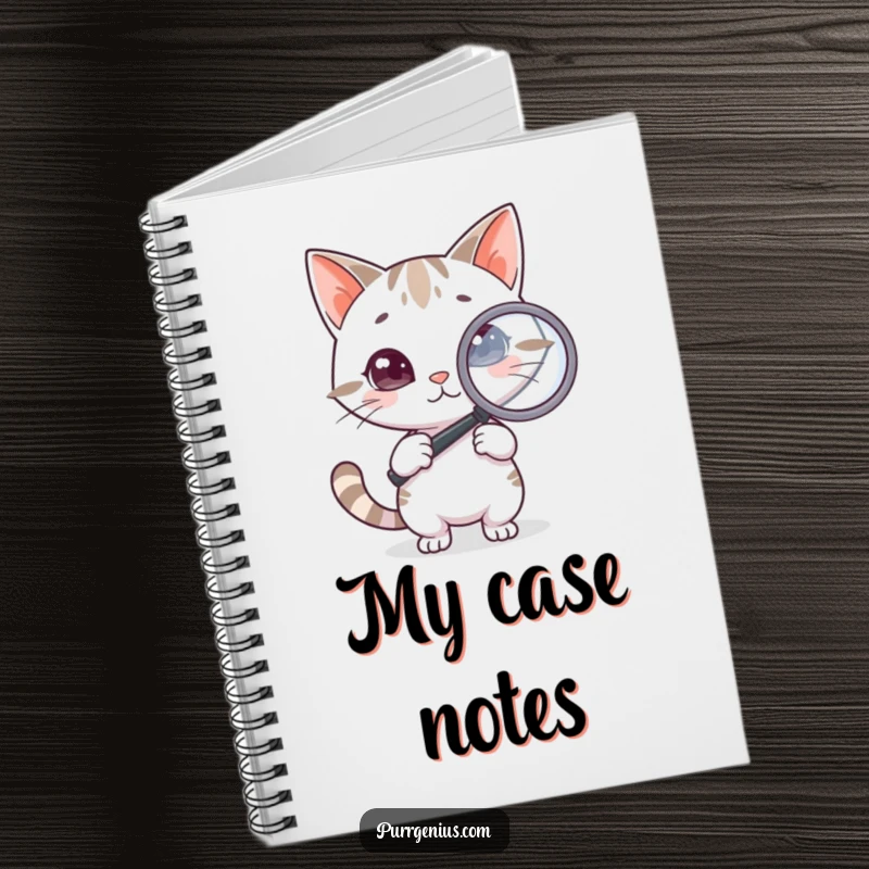 Funny Cat Notebook: A notebook cover features a clever cat holding a magnifying glass, encouraging detailed observation and note-taking.