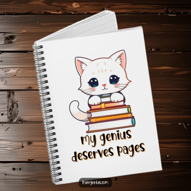 Funny notebook featuring a studious feline scholar amidst advanced books, perfect for jotting down profound insights.