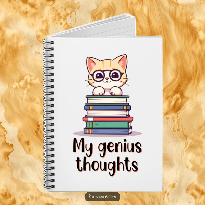 Funny notebook with a cute cat balancing many science books on its head, symbolizing studious effort and playful humor.