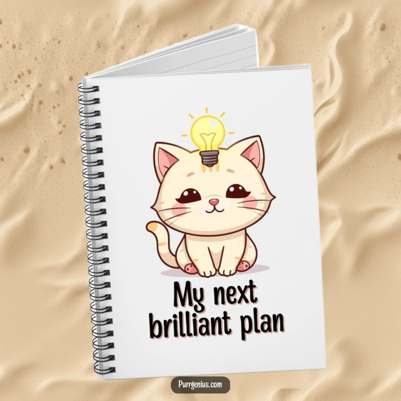 Funny notebook with a cat character and a glowing lightbulb, perfect for capturing ingenious ideas.