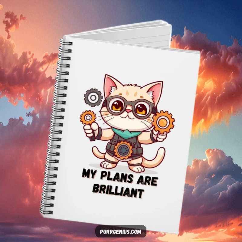 Funny notebook with a cute cat character in an inventor pose with gears, designed for sketches, notes, and invention ideas.