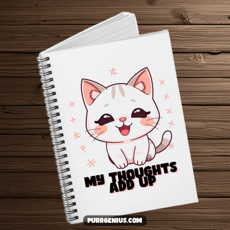 Funny kawaii math cat notebook, delighted expression, surrounded by floating math equations, perfect for capturing brilliant thoughts.