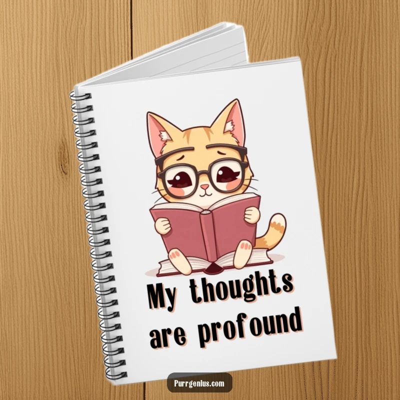 Funny notebook with a cute, scholarly cat wearing glasses, deeply focused on reading a large book, perfect for notes.
