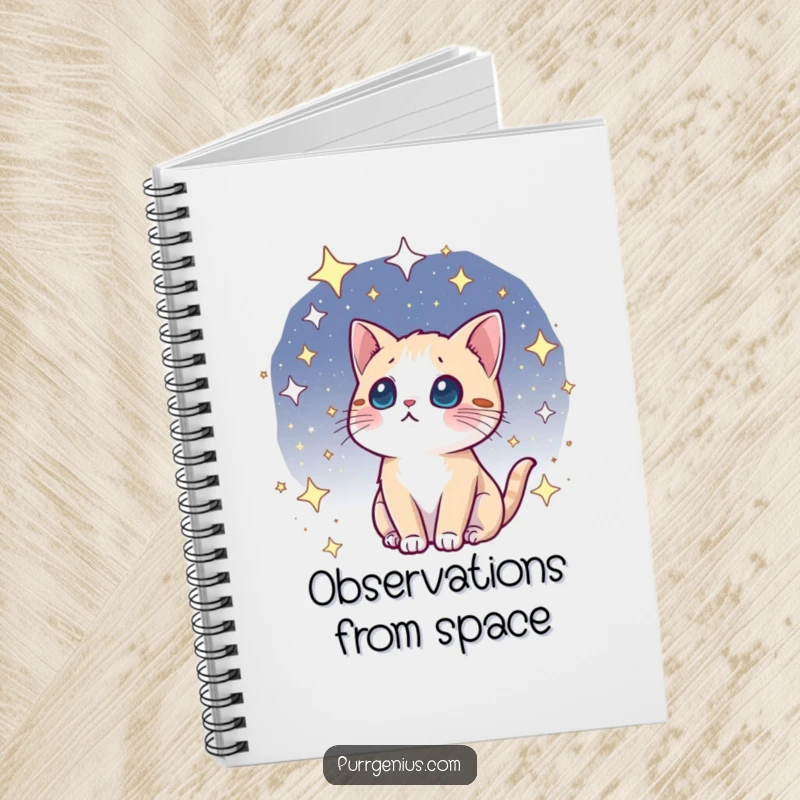 Funny kawaii cosmic cat notebook, gazing with wonder at a starry cosmos, ideal for capturing creative thoughts and celestial musings.