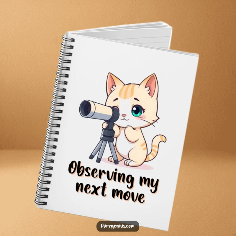Funny notebook featuring a curious cat character looking through a telescope at the stars, ideal for jotting notes.