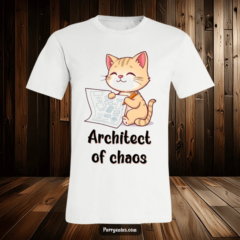 Funny Architect Cat T-Shirt: a cat concentrating on drawing a complex blueprint with a small pencil, appearing pleased with its work, great funny gift.