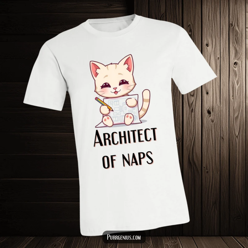 Funny Blueprint Cat T-Shirt, depicting a cat happily drawing a detailed blueprint, great for builders and creators.