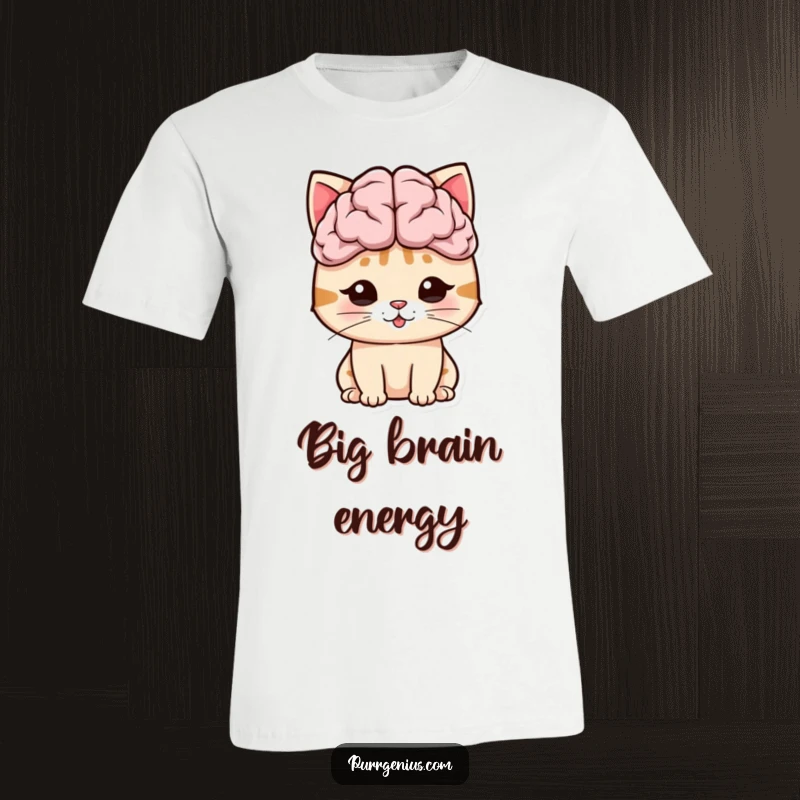 Funny cat with an oversized brain graphic, symbolizing high intelligence and humor on this t-shirt.