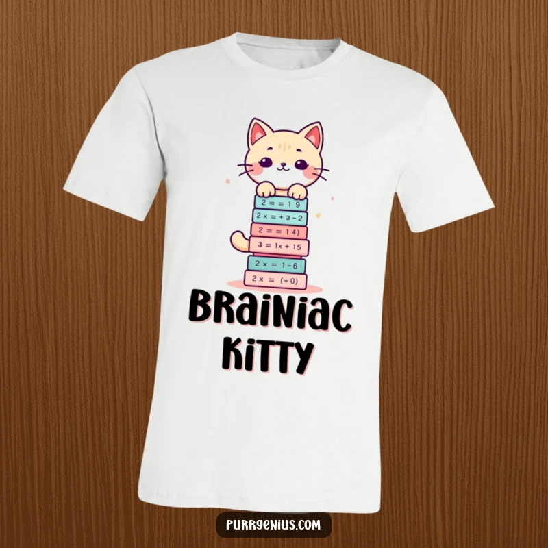 Funny t-shirt showcasing a cute kawaii cat character precariously balancing a stack of complex math equations.