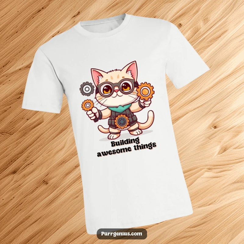 Funny t-shirt featuring a cute cat character striking a brilliant inventor pose amidst gears, representing innovation and mechanical ingenuity.