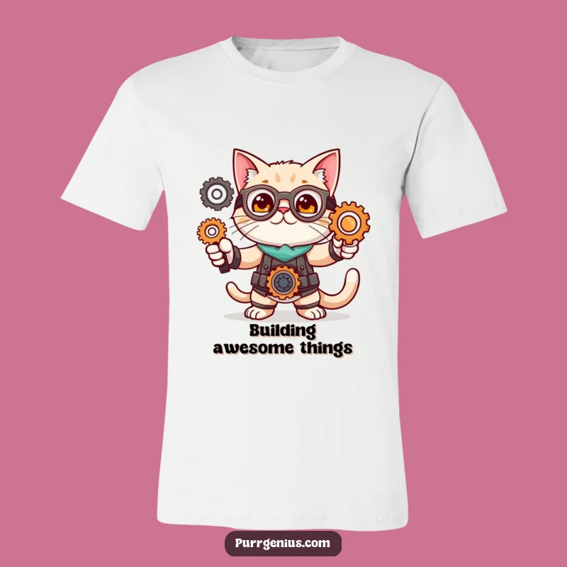 Funny Cat Genius Inventor T-Shirt: Feline Pose with Gears Tee