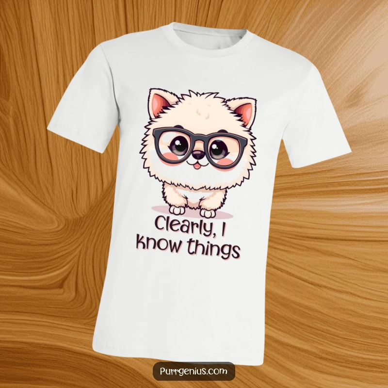 Funny animal t-shirt featuring a fluffy character with oversized spectacles, promoting a look of intelligence and comedic charm.