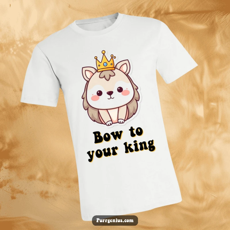 Funny t-shirt graphic of an animal character wearing a miniature crown, signifying playful nobility.