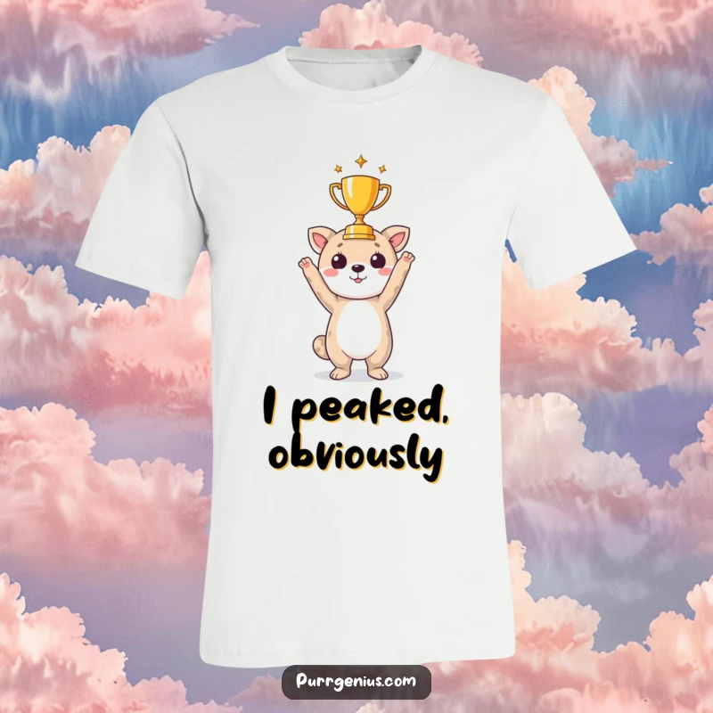 Funny t-shirt graphic of a triumphant animal character proudly displaying a small, shiny trophy.