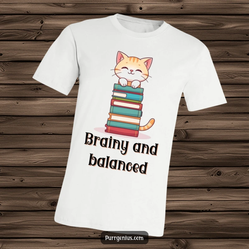 Funny Bookworm Cat T-Shirt: a cat with perfect equilibrium, balancing a large stack of books on its head, great funny gift.