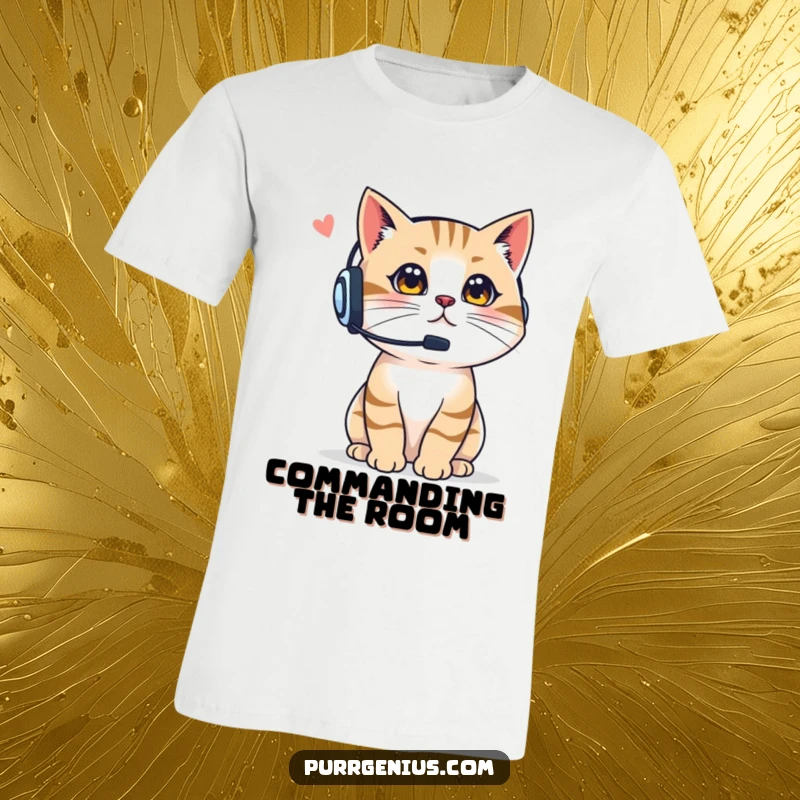 Funny Boss Cat T-Shirt: a cat wearing a headset, issuing commands with confident meows, perfect for the leader who loves a laugh, great funny gift.