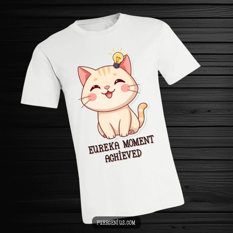 Funny T-Shirt: A cheerful cat sports a glowing lightbulb overhead, representing a spark of genius and clever thinking.
