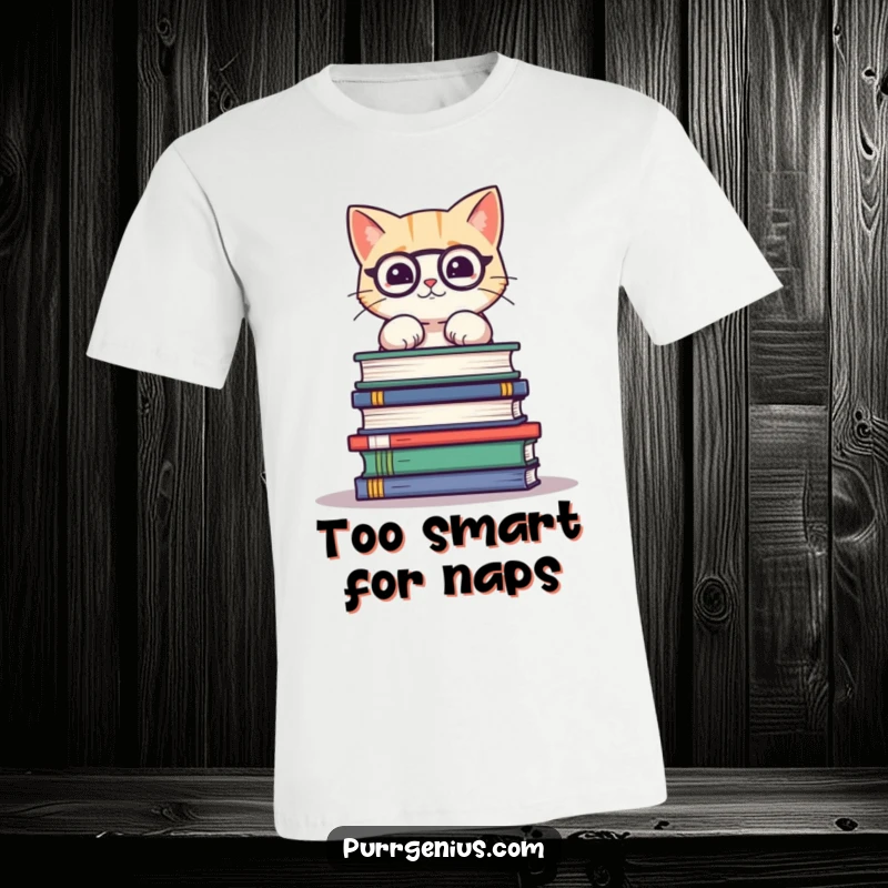 Funny t-shirt featuring a cute cat struggling to balance a large stack of scientific books, expressing academic effort hilariously.