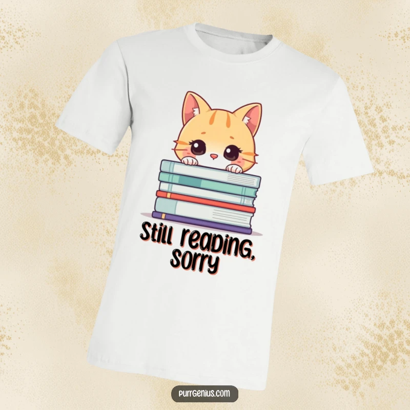 Funny Cat Book T-Shirt: A curious cat peeking from behind a stack of oversized books, ideal for book lovers.