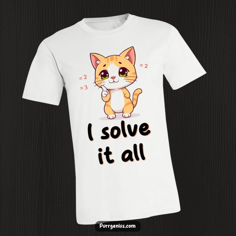 Funny t-shirt with a cute cat character dramatically pointing at a complex equation, ideal for mathematicians and puzzle lovers.