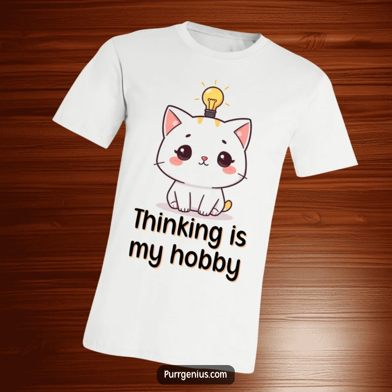 Funny t-shirt featuring a cute cat character with a bright lightbulb illuminating its thoughtful expression, representing inspiration.