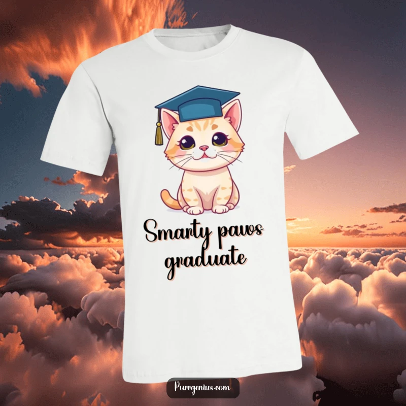 Funny t-shirt depicting a cat wearing a small graduation cap, celebrating academic achievements with feline charm.