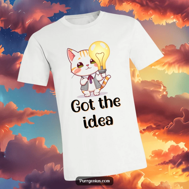 Funny Cat Lightbulb T-Shirt: Scholarly cat proudly holding a giant, glowing lightbulb, representing bright ideas and wit.