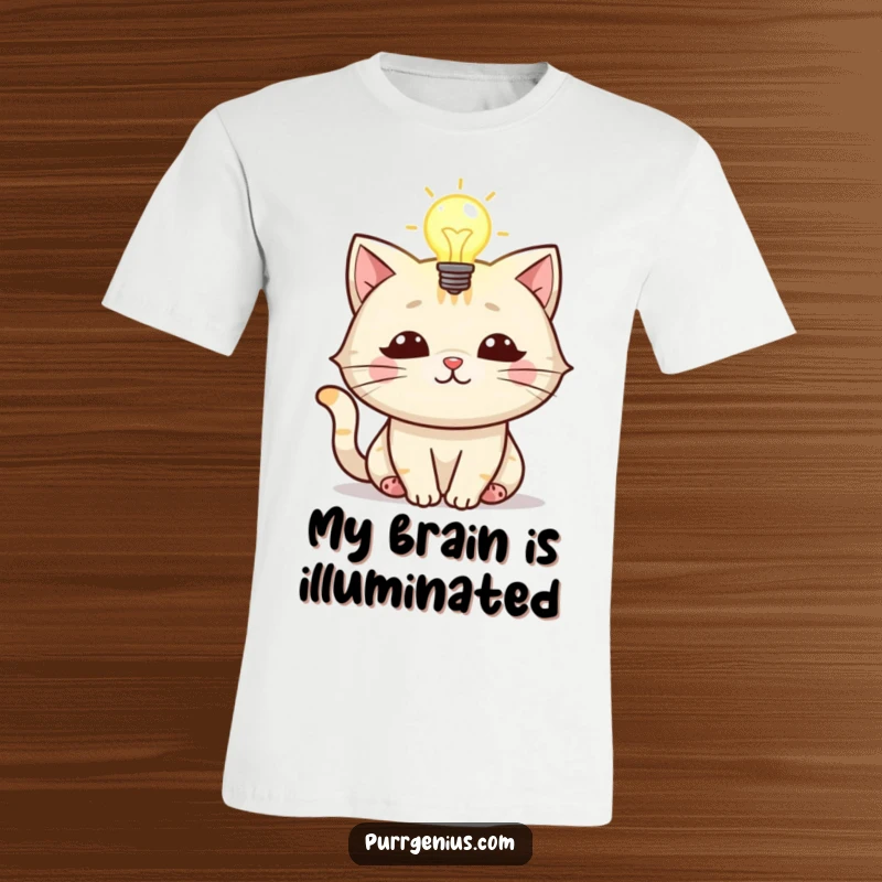 Funny t-shirt featuring a clever cat character with a glowing lightbulb above its head, representing bright ideas.