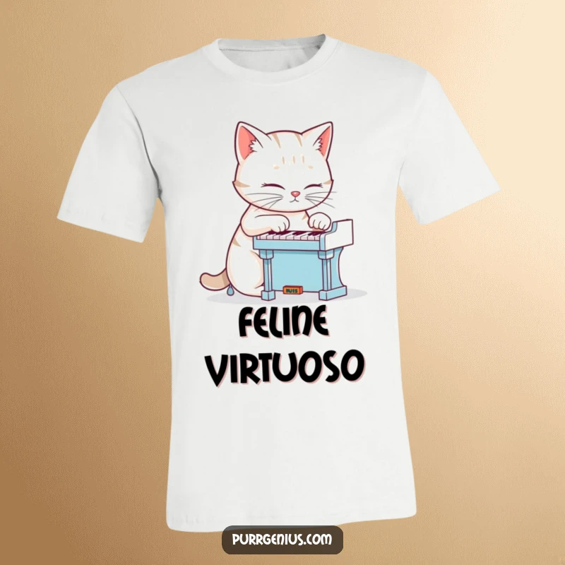 Funny cat focused on playing a tiny piano, depicted on a hilarious t-shirt, ideal for music and cat lovers.