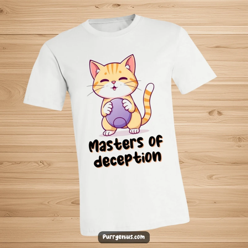 Funny T-Shirt: A mischievous cat executes a clever trick with a ball, radiating playful energy and humor.