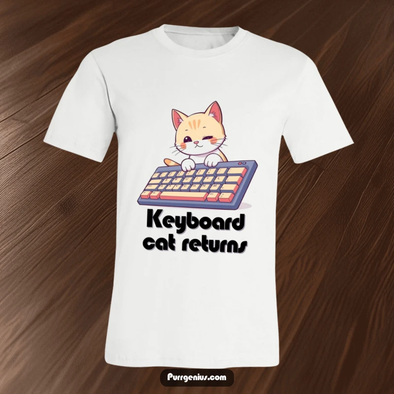 Funny curious cat actively typing on an enormous computer keyboard, looking focused. This t-shirt celebrates digital life and cat antics.