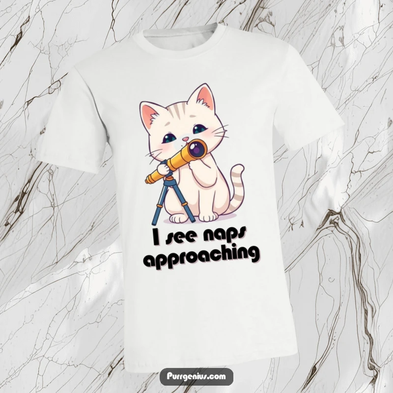 Funny cat wearing a tiny hat, holding a miniature telescope, looking up at the stars, on a comfortable t-shirt, stellar gift.
