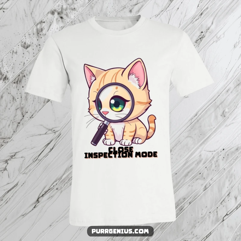 Funny Curious Cat T-Shirt: a cat with a magnified eye, observing a minuscule detail with intense concentration and fascination, great funny gift.