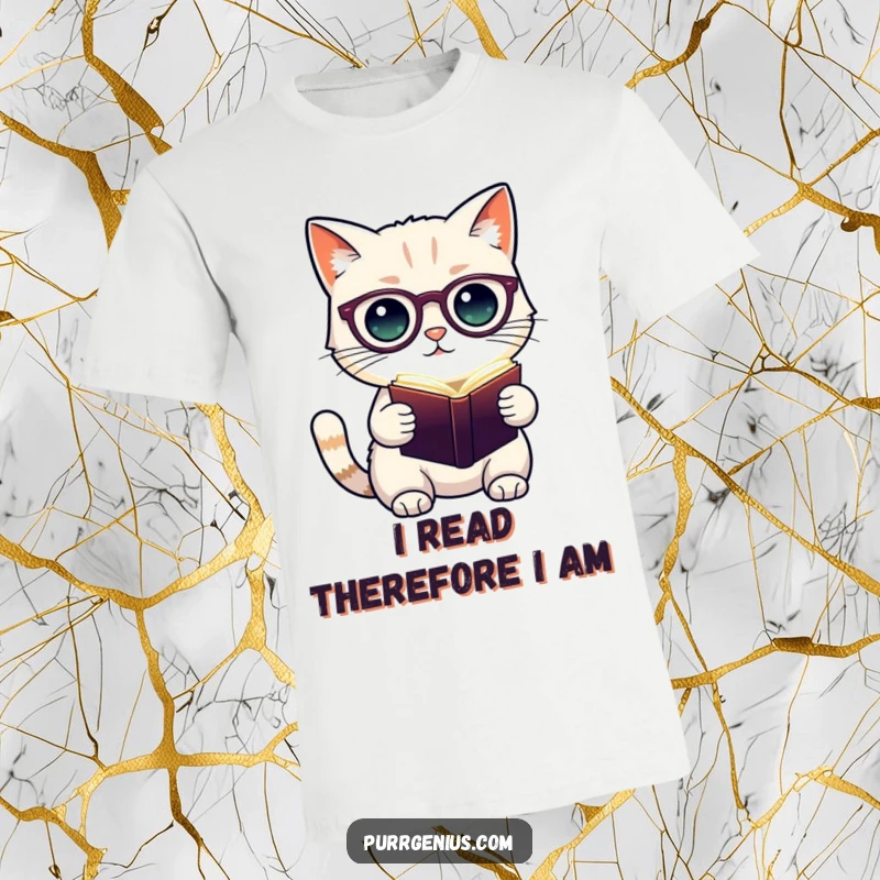 Funny t-shirt showcasing a cute cat character wearing spectacles, holding a glowing book, illustrating a smart and studious feline personality.