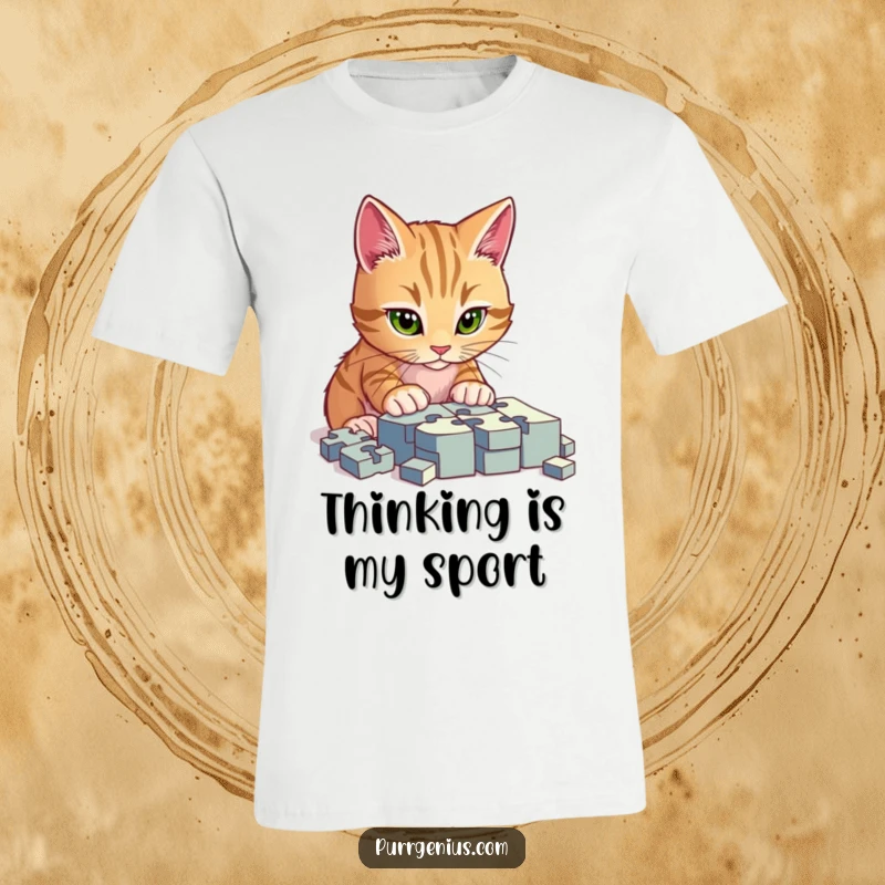 Funny t-shirt showcasing a cat with laser focus, tackling a difficult puzzle, ideal for smart individuals and gift recipients.