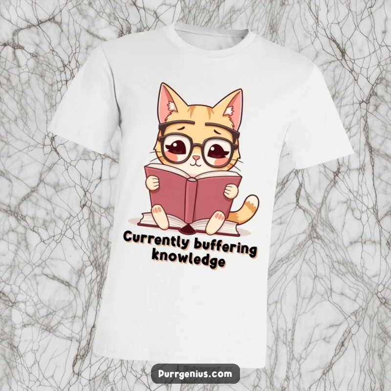 Funny t-shirt featuring a cute cat character wearing glasses, engrossed in reading a giant book, ideal for book lovers.