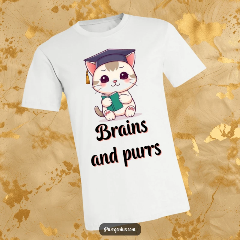 Funny kawaii cat wearing a graduation cap and holding a tiny book, printed on a t-shirt.