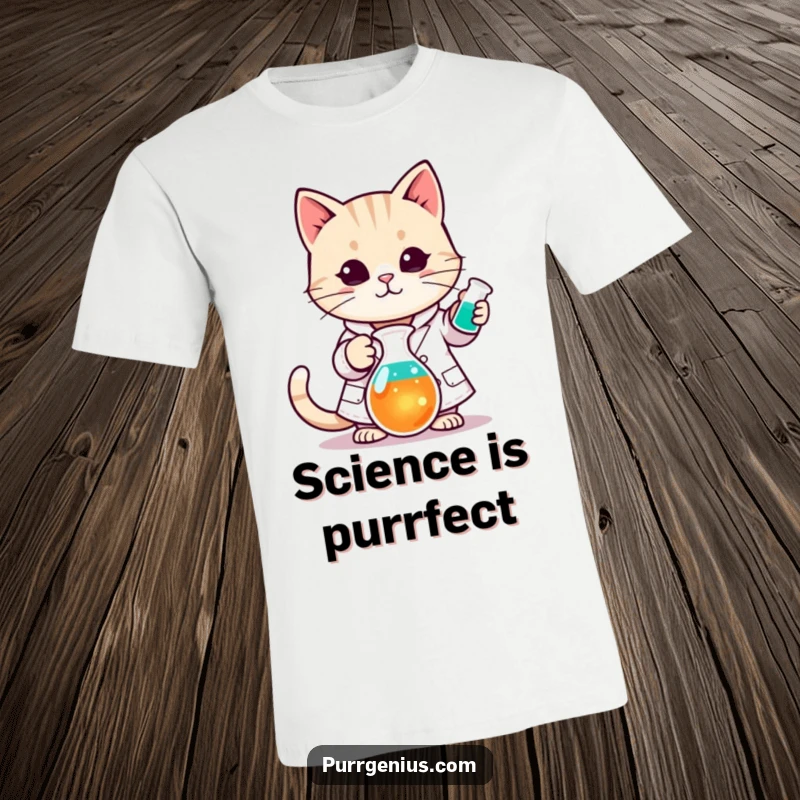 Funny Kawaii cat wearing a lab coat stirring a colorful beaker, on a t-shirt, great for science and cat enthusiasts.
