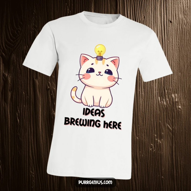 Funny kawaii cat with a glowing lightbulb above its head, designed on a humorous and creative t-shirt.