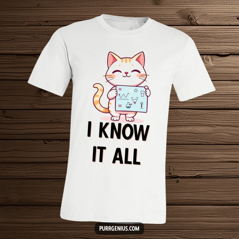 Funny Kawaii cat confidently presenting a scientific diagram, on a t-shirt, great for intellectual humor.