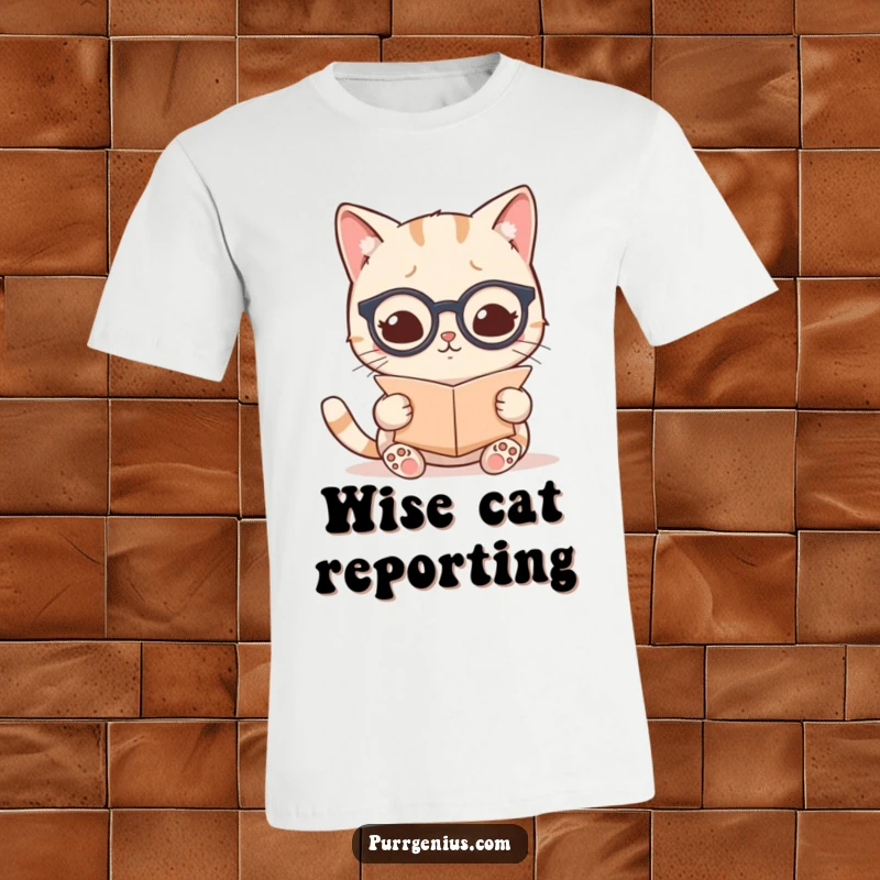 Funny kawaii cat wearing tiny spectacles and reading a scroll, designed on a humorous scholarly t-shirt.