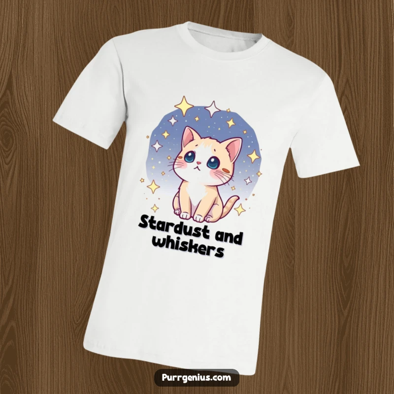 Funny kawaii cat t-shirt, gazing with wonder at a starry cosmos, inspired by space exploration and feline curiosity.