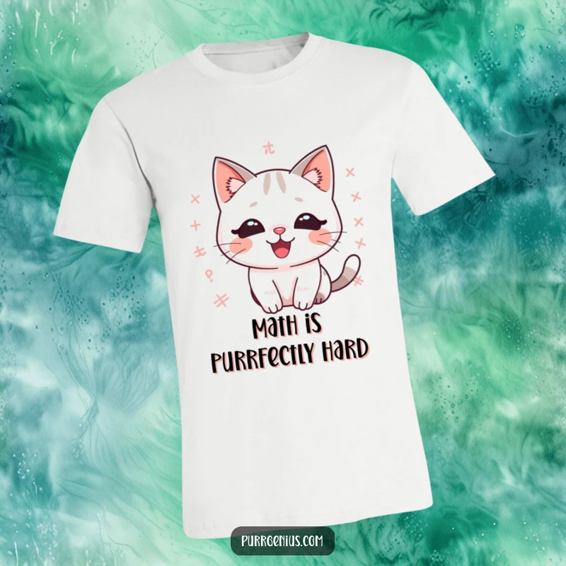 Funny kawaii cat t-shirt, delighted expression, floating equations, embracing intellectual humor and feline charm.
