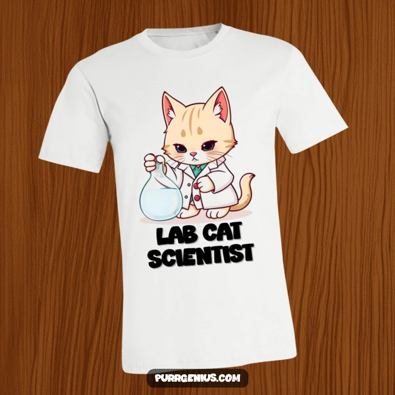 Funny T-Shirt: A cat wearing a lab coat carefully studies a beaker, representing scientific curiosity with a humorous twist.