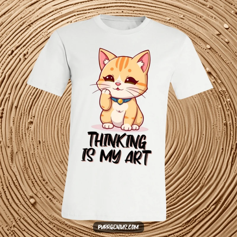 Funny wise cat stroking its whisker in deep thought, conveying serene contemplation on this t-shirt.
