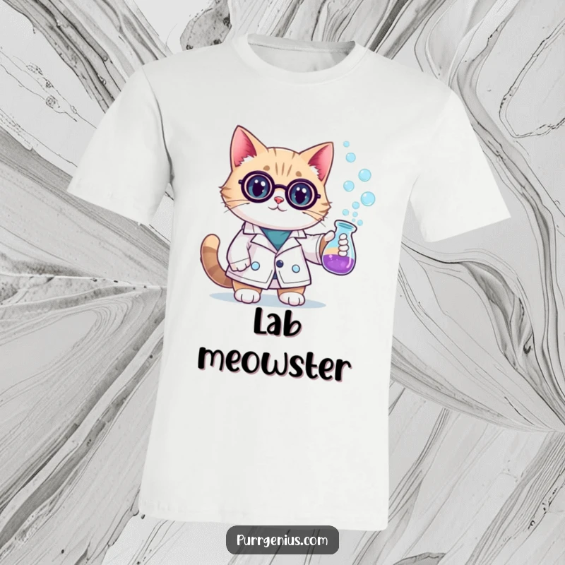 Funny scientist cat in a lab coat holding a bubbling beaker, ready for discovery. This t-shirt is a must-have for cat-loving scientists.