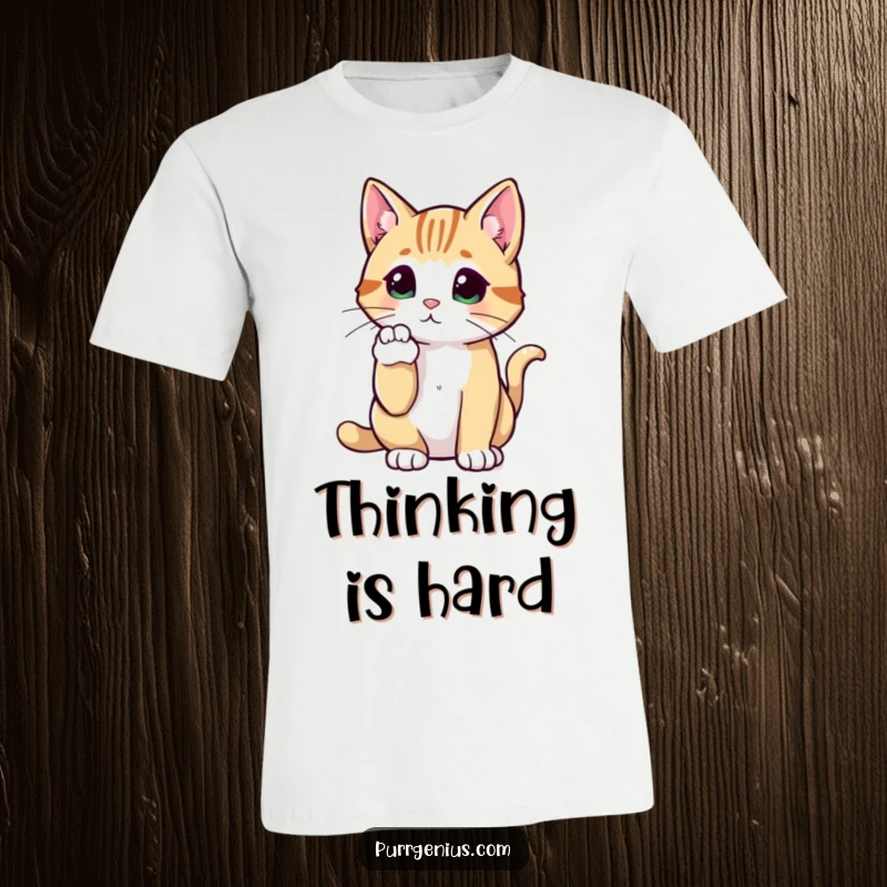 Funny Cat T-Shirt featuring a cat with its paw raised, looking off into the distance with a seriously funny, thoughtful expression.
