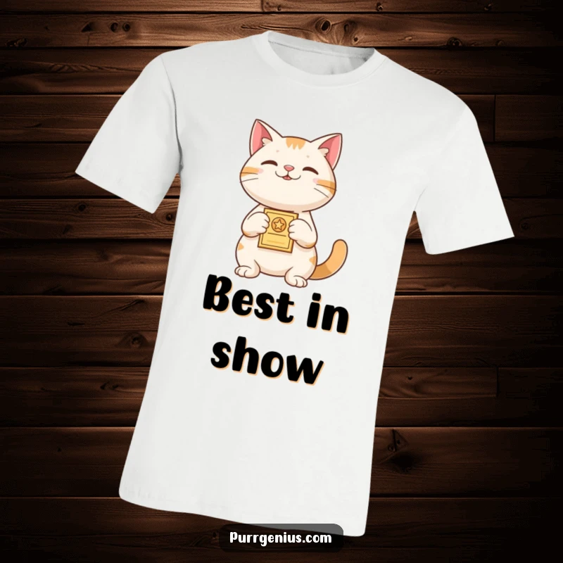 Funny T-Shirt: A proud cat presents a miniature award, beaming with pride and sharing the joy of accomplishment.