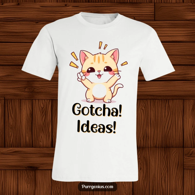 Funny t-shirt featuring a cute cat striking an 'aha!' pose with a lightbulb above its head, representing a sudden moment of brilliance.